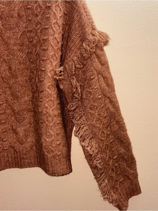 Cozy Brown Cable-Knit Turtleneck Sweater with Fringe Sleeve Detail - Picture 5 of 6